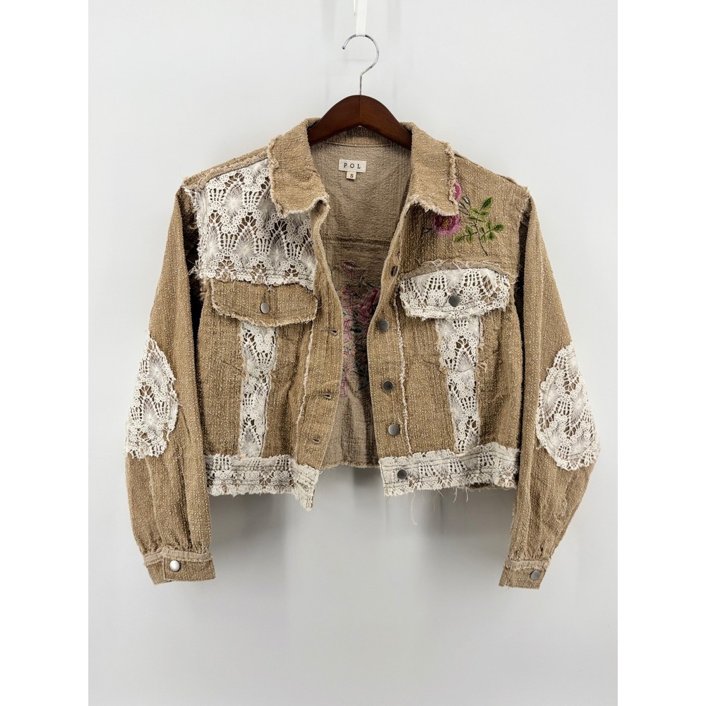 POL Women Tan Lace Floral Embroidered Cropped Jacket Distressed Boho UWT253 SM